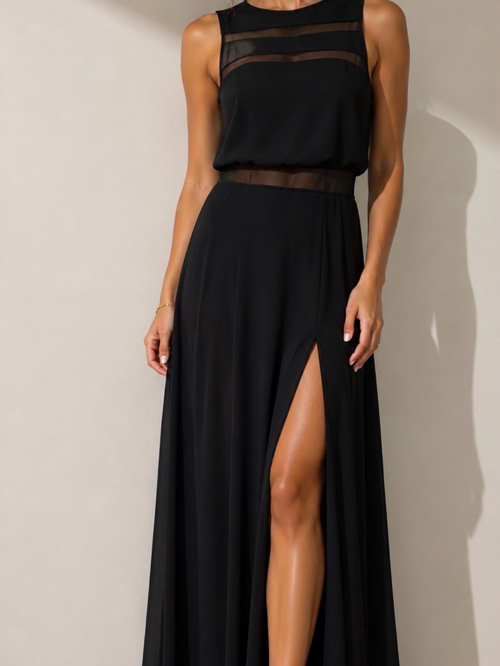 Chic Black Maxi Dress with Sheer Stripe Details